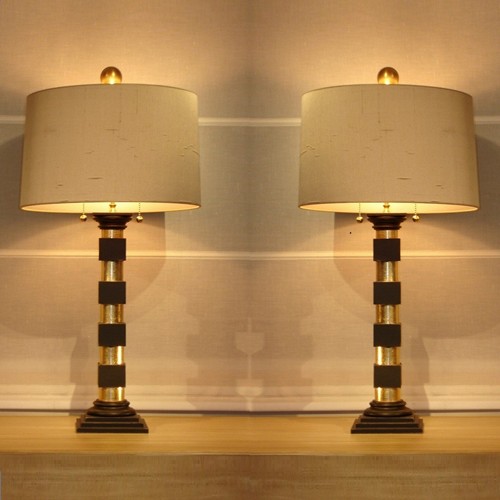 Pair of gilt wood/ black Doric column table lamps